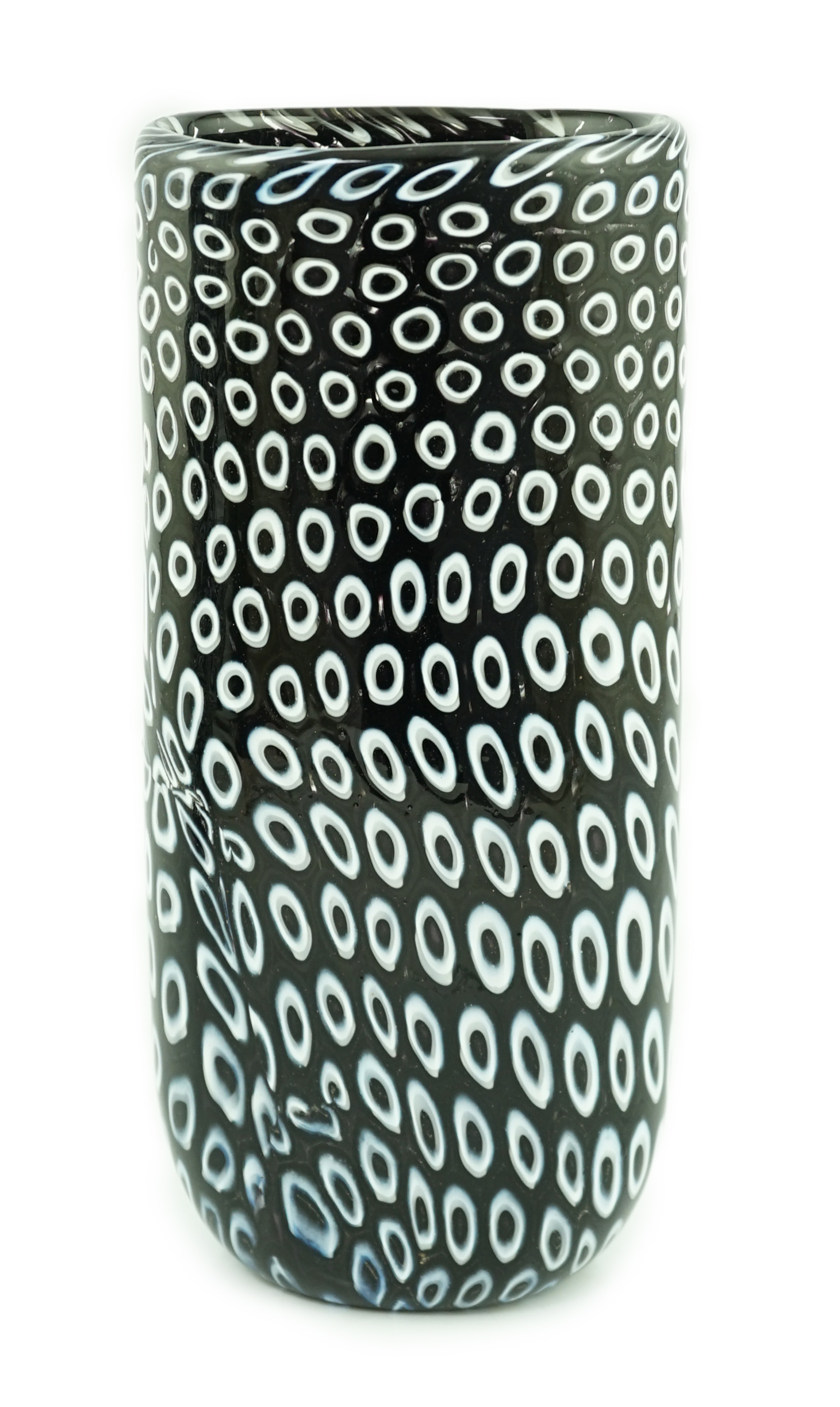Vittorio Ferro (1932-2012) A Murano glass Murrine vase, with a white on black peacock feather ‘’eye’’ design, unsigned, 28cm, Please note this lot attracts an additional import tax of 20% on the hammer price